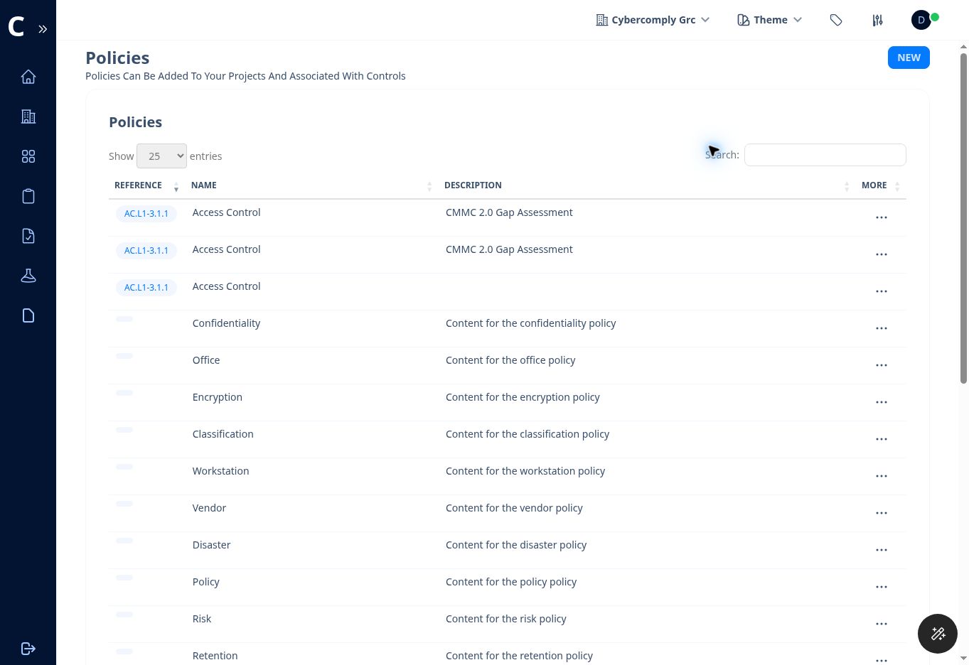 Figure 9. Tenant policy library with reference codes, names, descriptions, and additional actions.