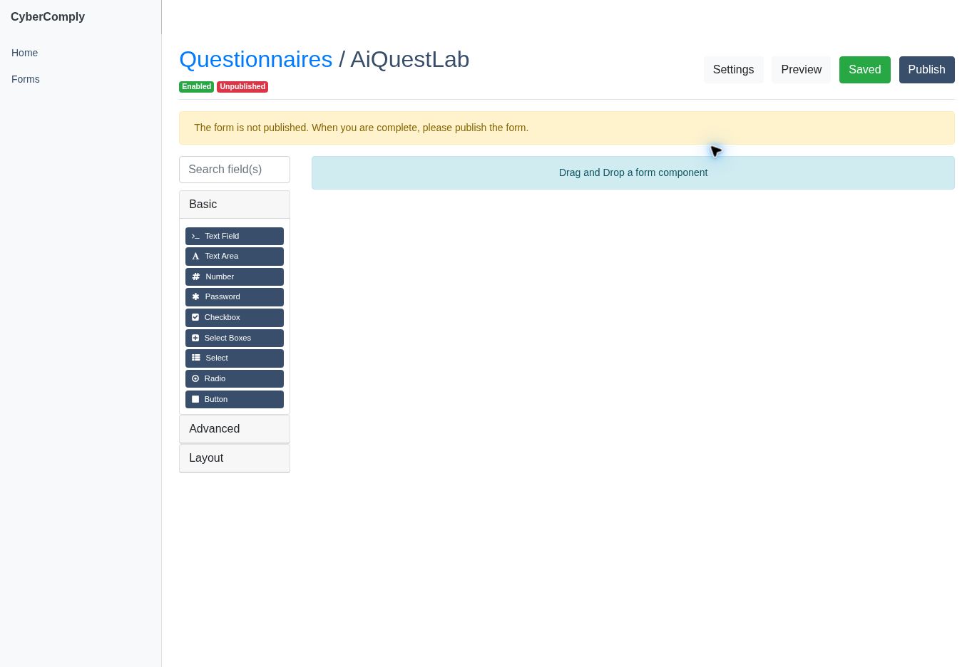 Figure 15. Questionnaire builder with basic, advanced, and layout components.