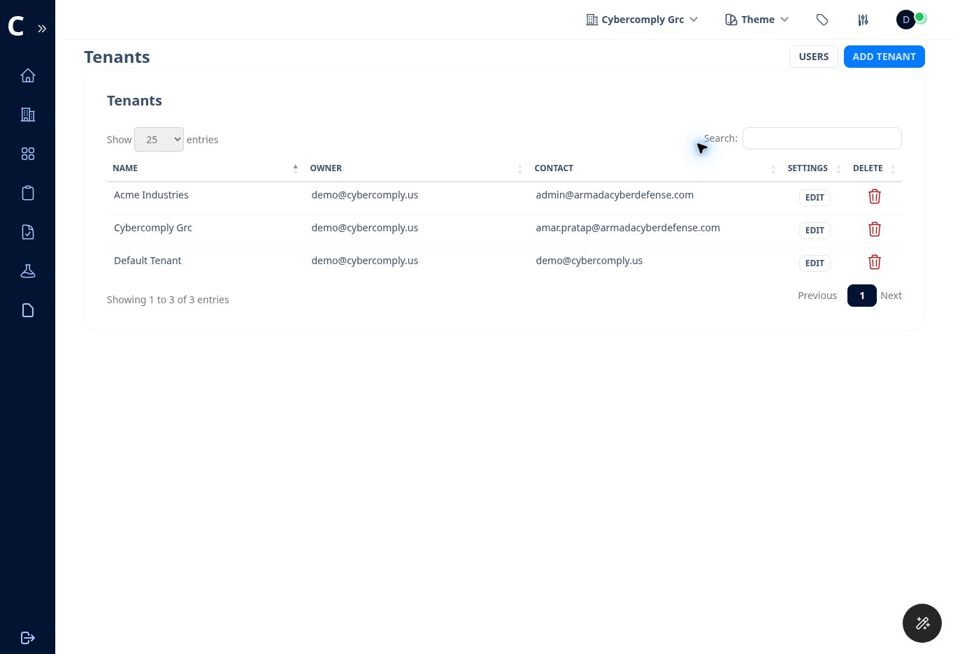 Figure 2. Tenant administration page with owner, contact, edit, and delete actions.