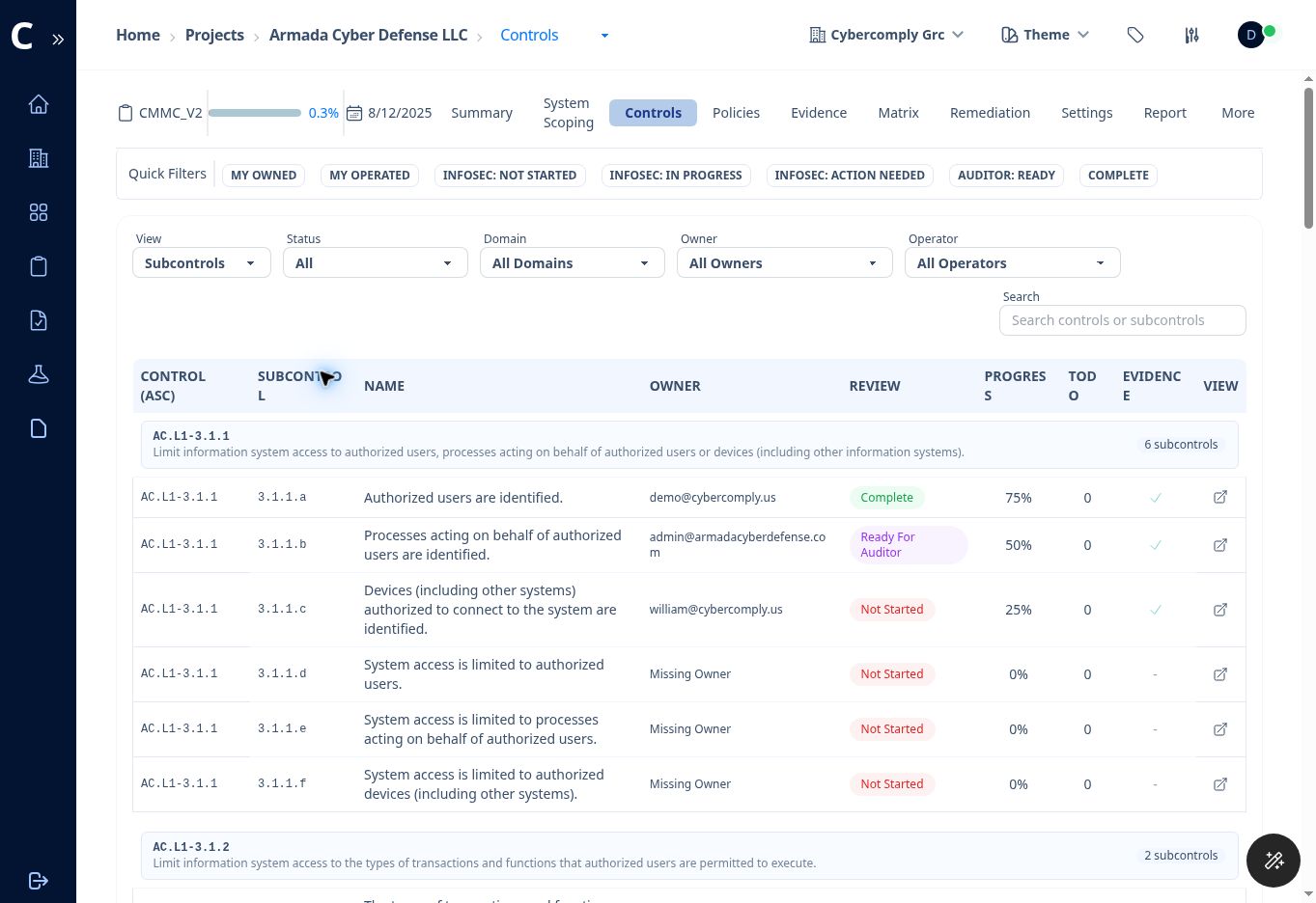 Figure 6. Controls register in Subcontrols view with filters, ownership, review status, progress, evidence, and view actions.