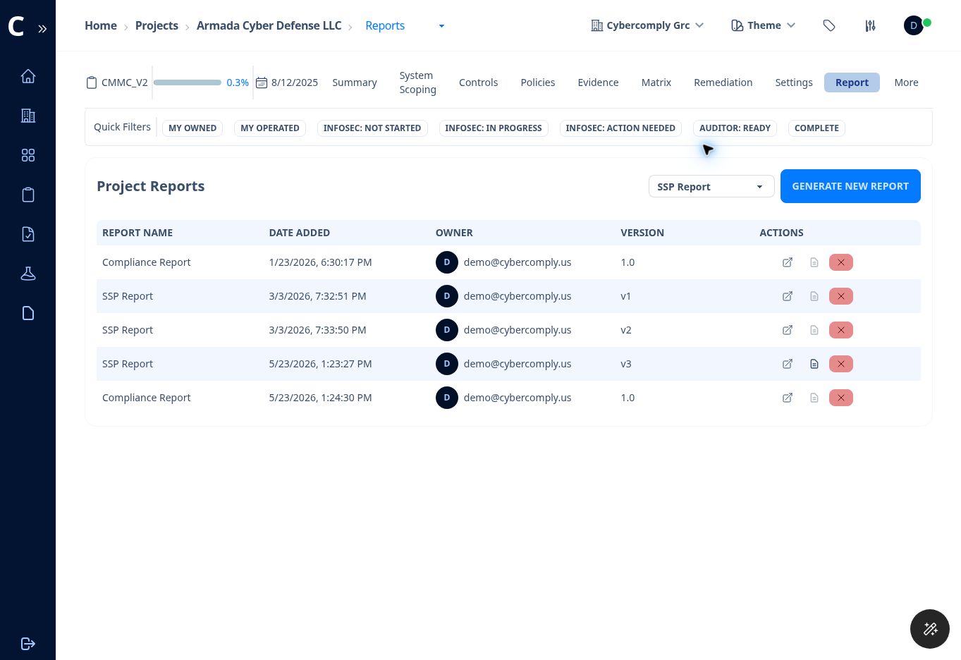 Figure 14. Project Reports page showing report type, version history, and actions.