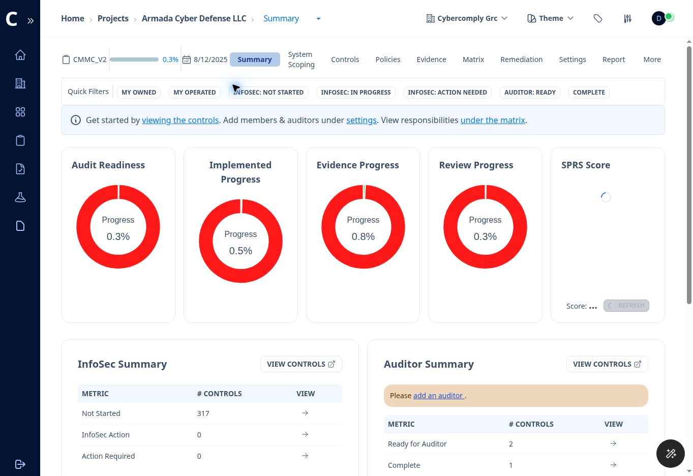 Figure 4. Project Summary with readiness, implementation, evidence, review, and SPRS metrics.