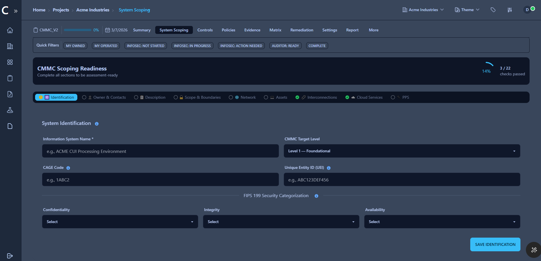 CyberComply system scoping screen showing CMMC scoping readiness checks and a system identification form with CMMC target level, CAGE code, UEI, and FIPS 199 categorization