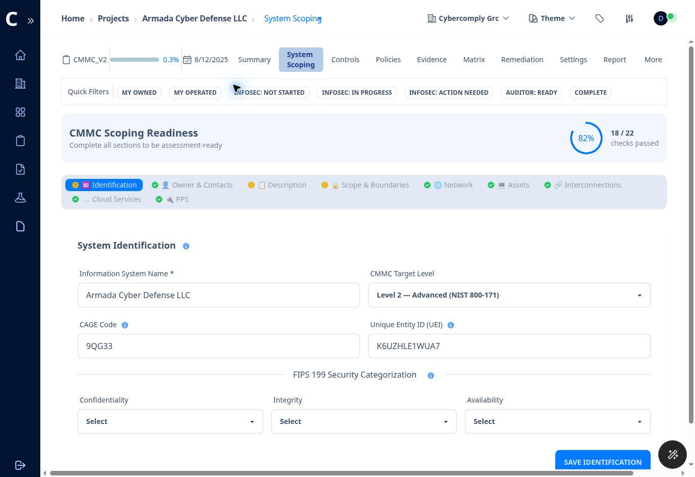 Figure 5. CMMC Scoping Readiness with section status and system identification fields.