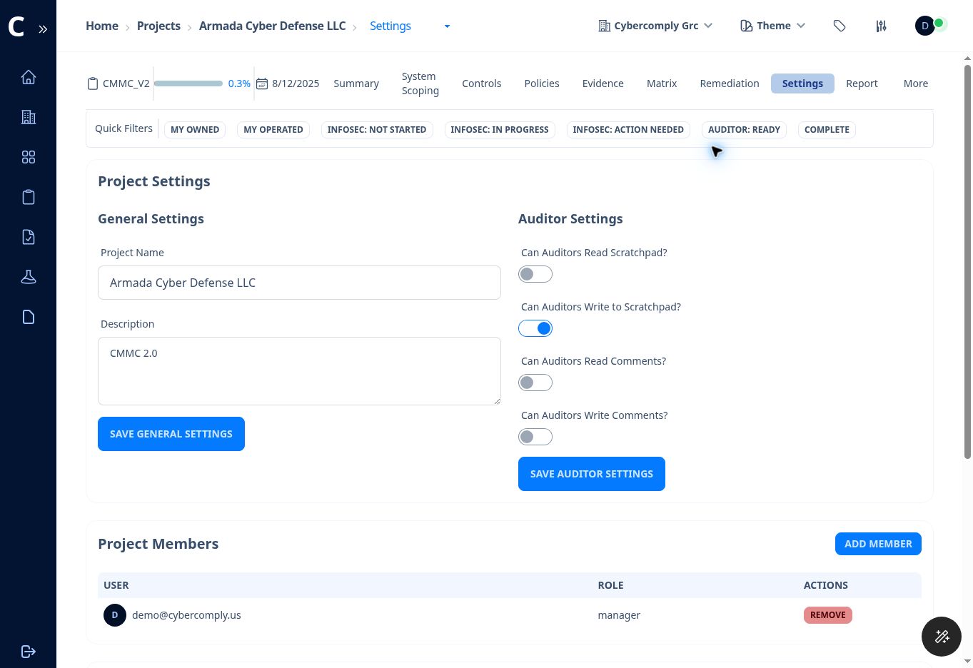 Figure 16. Project Settings with general settings, auditor permissions, and project membership.