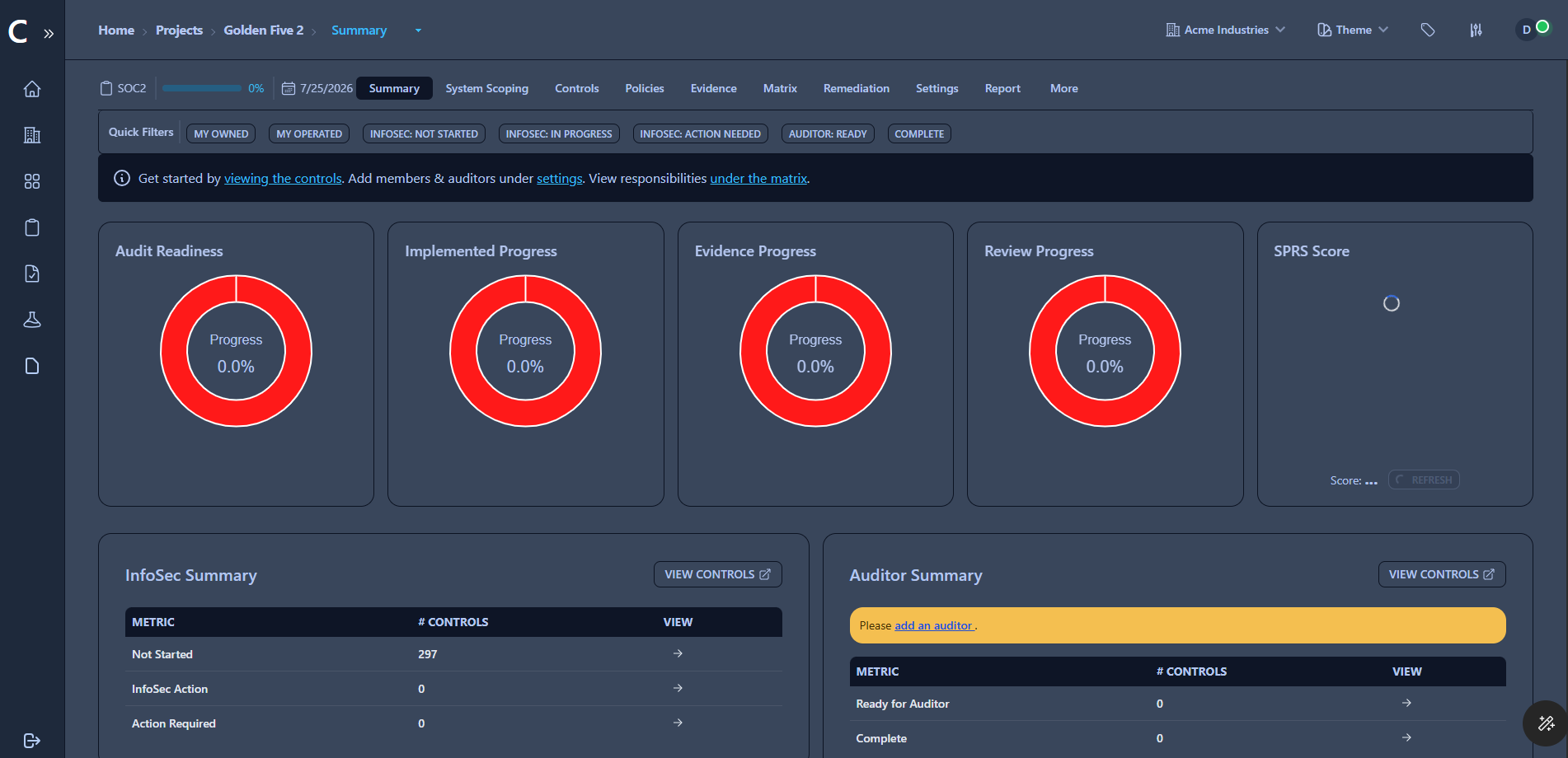 CyberComply project summary dashboard showing audit readiness, implemented progress, evidence progress, review progress, SPRS score, and InfoSec and auditor summaries