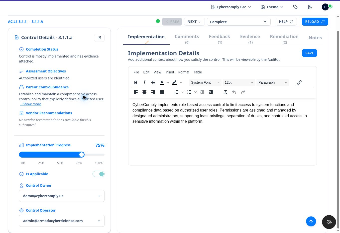 Figure 7. Control workspace showing guidance, progress, applicability, assignments, status, and implementation editor.